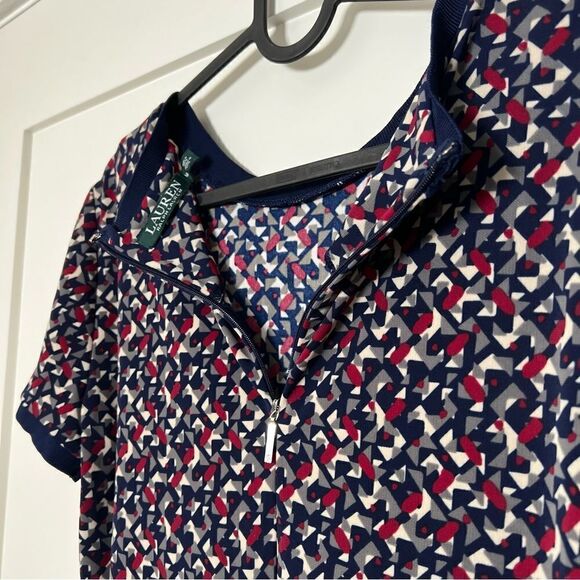 Lauren Ralph Lauren Women Top Medium Blue Short Sleeve Geometric Print Crew Neck - Picture 7 of 12